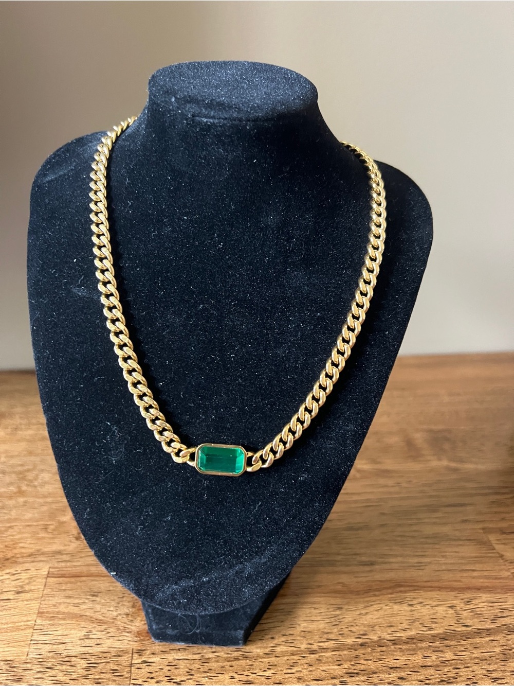 18kt Stainless Steel GoldPlated  Necklace with Green Emerald-Style Center Stone